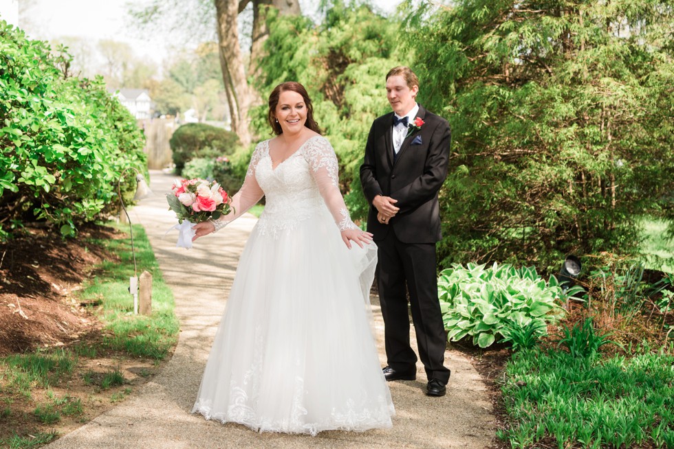 first look in a lace wedding dress