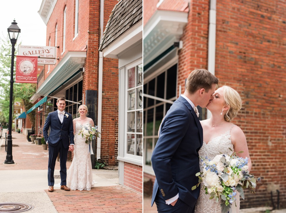 bride and groom strolling on the charming street of Easton