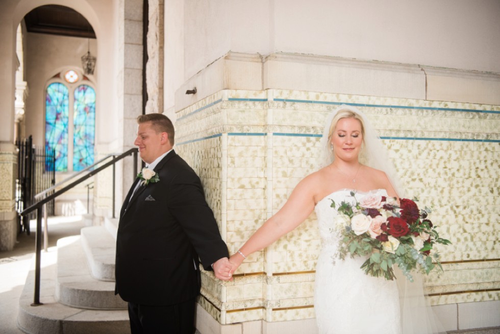 bride and groom first touch