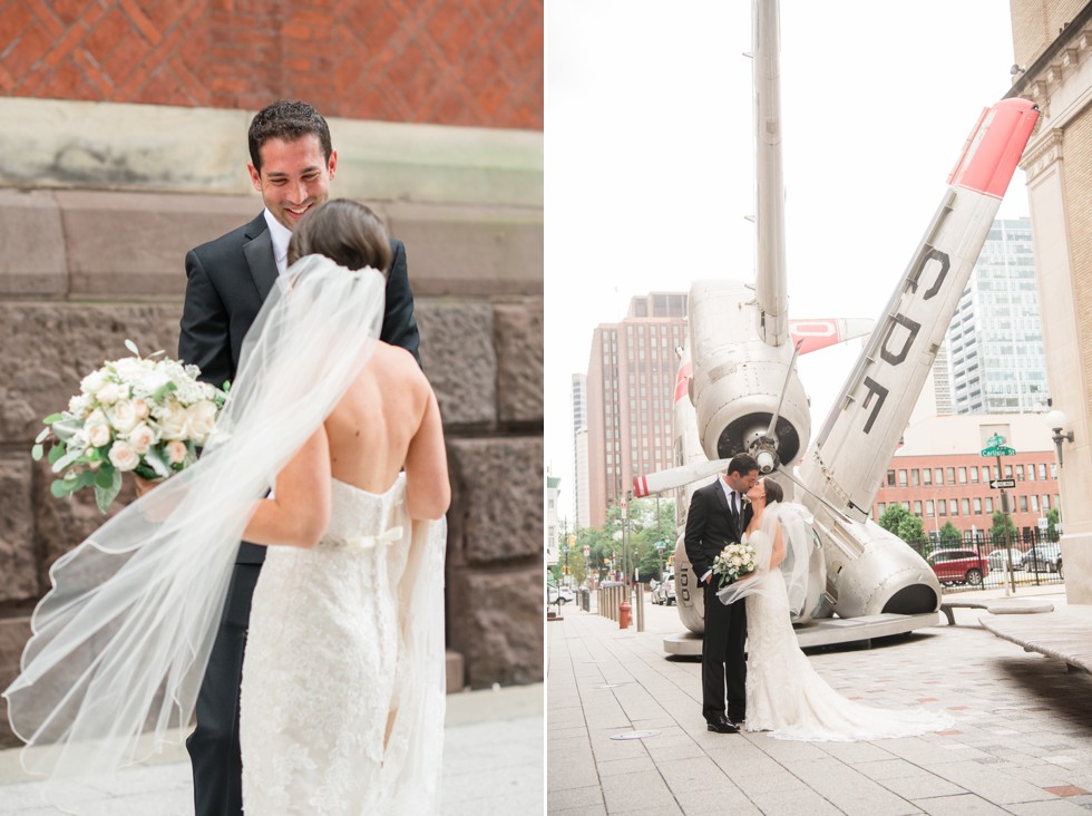 bride and groom first look at PAFA in front of plane