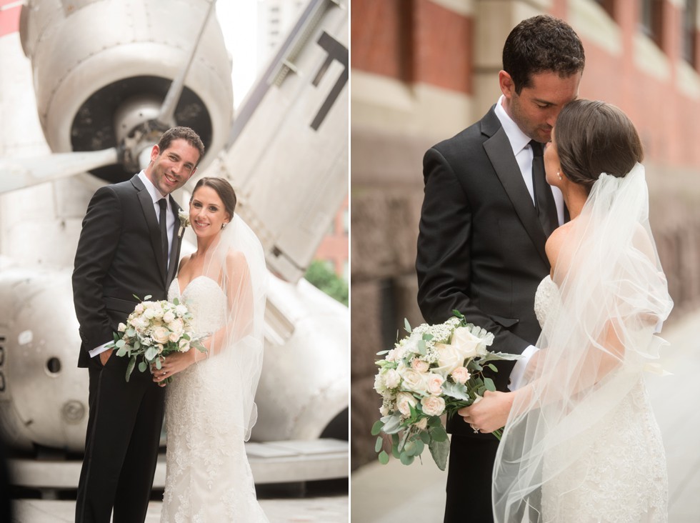 bride and groom first look at PAFA in front of plane