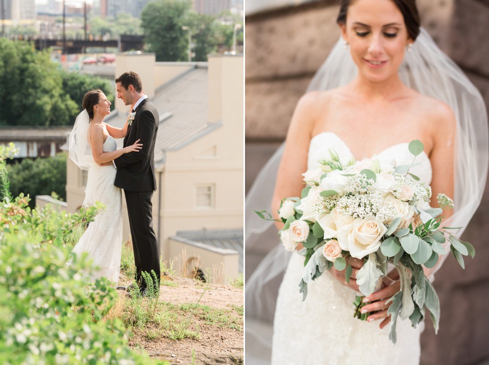 Philly wedding couple photos overlooking Waterworks Cescaphe