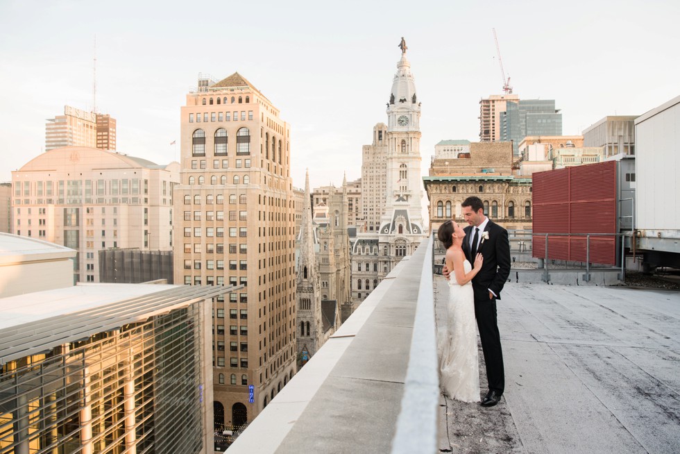 PAFA rooftop Philadelphia skyline bride and groom