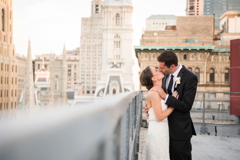 PAFA rooftop Philadelphia skyline bride and groom