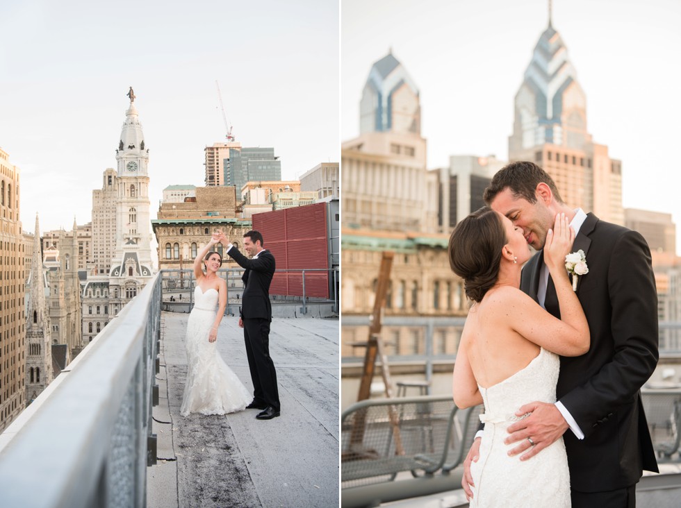 PAFA rooftop Philadelphia skyline bride and groom