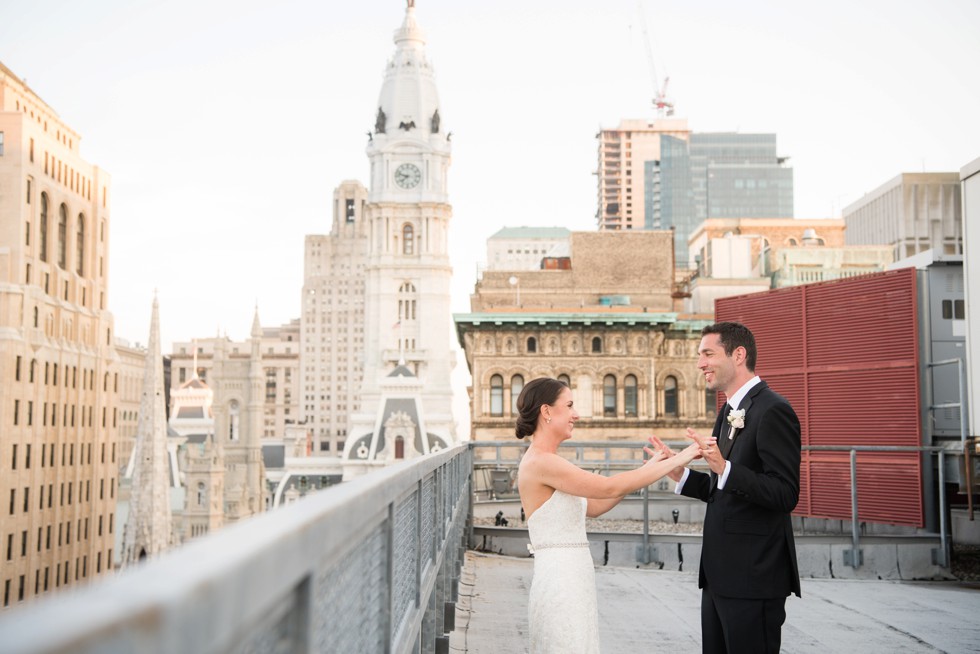 PAFA rooftop Philadelphia skyline bride and groom