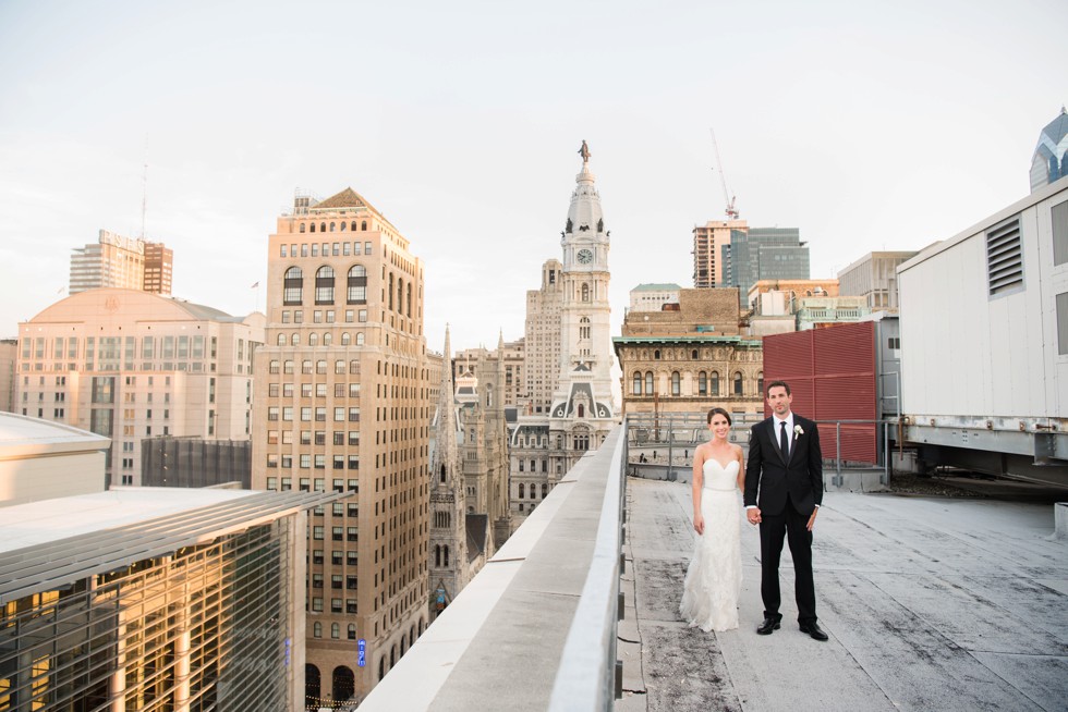 PAFA rooftop Philadelphia skyline bride and groom