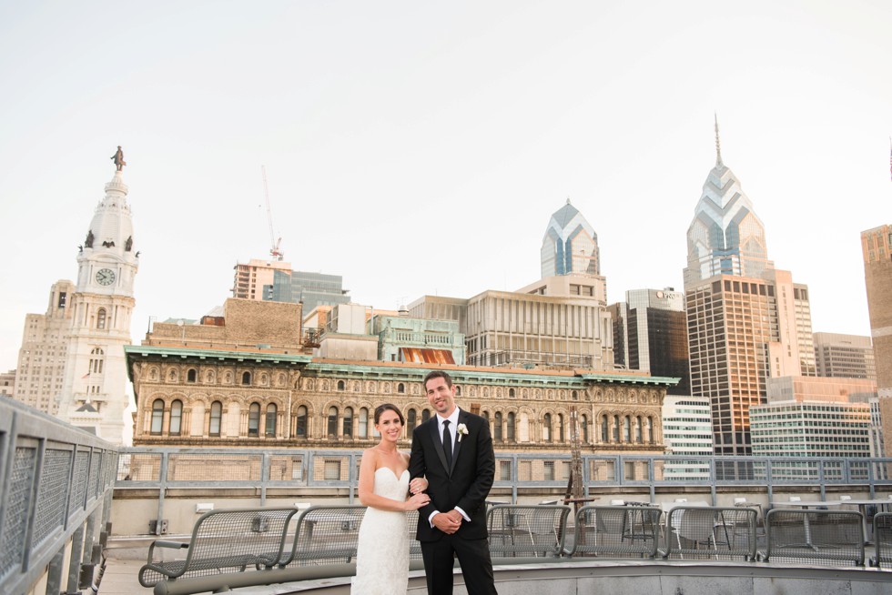 PAFA rooftop Philadelphia skyline bride and groom