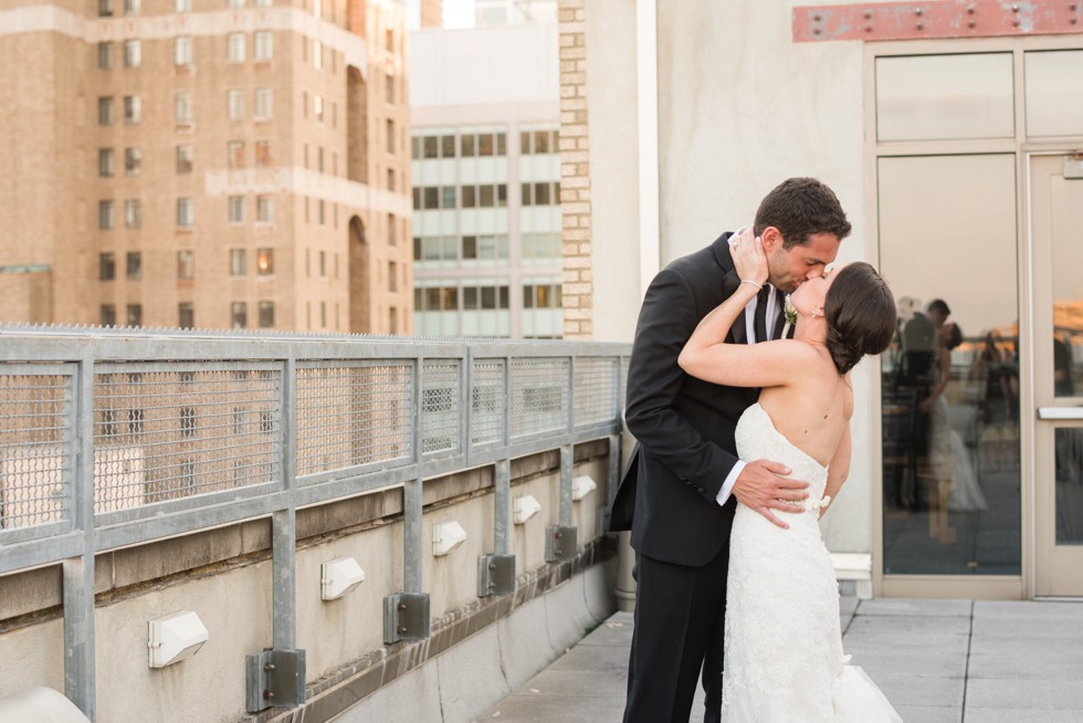 PAFA rooftop Philadelphia skyline bride and groom