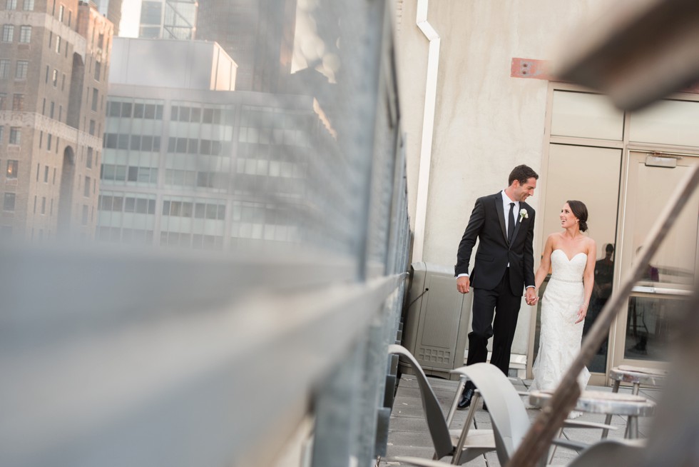 PAFA rooftop Philadelphia skyline bride and groom