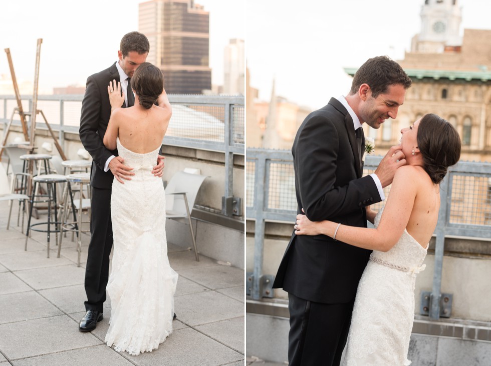 PAFA rooftop Philadelphia skyline bride and groom