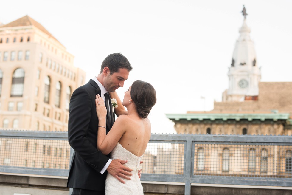 PAFA rooftop Philadelphia skyline bride and groom