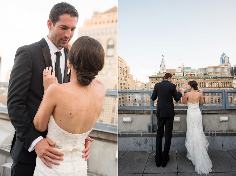 PAFA rooftop Philadelphia skyline bride and groom