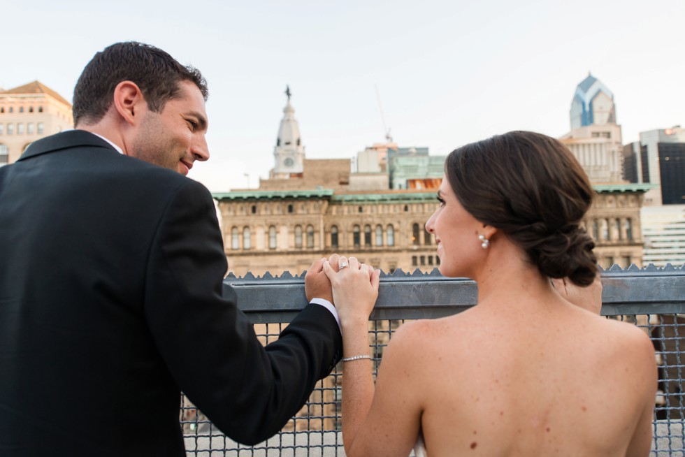 PAFA rooftop Philadelphia skyline bride and groom