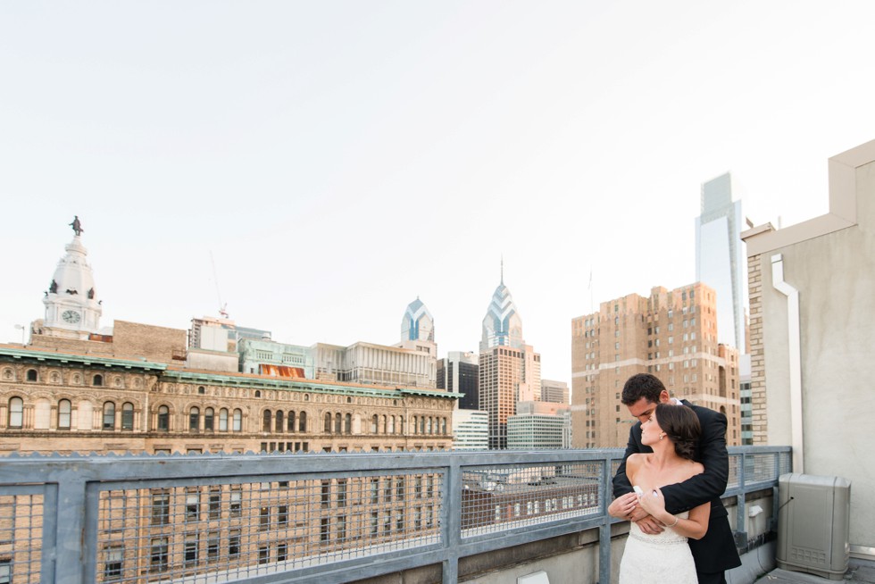 PAFA rooftop Philadelphia skyline bride and groom