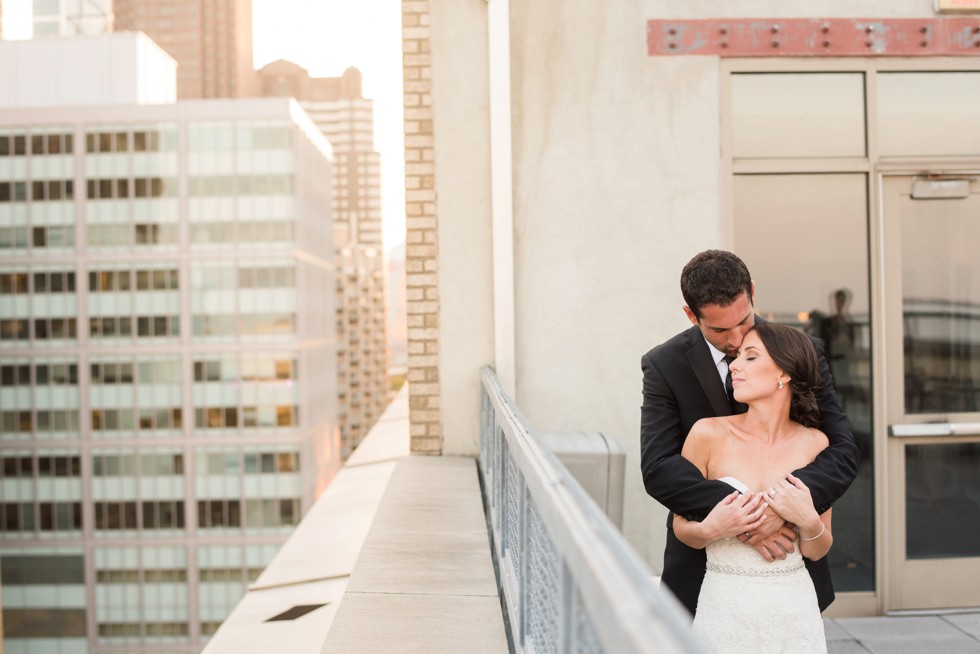 PAFA rooftop Philadelphia skyline bride and groom