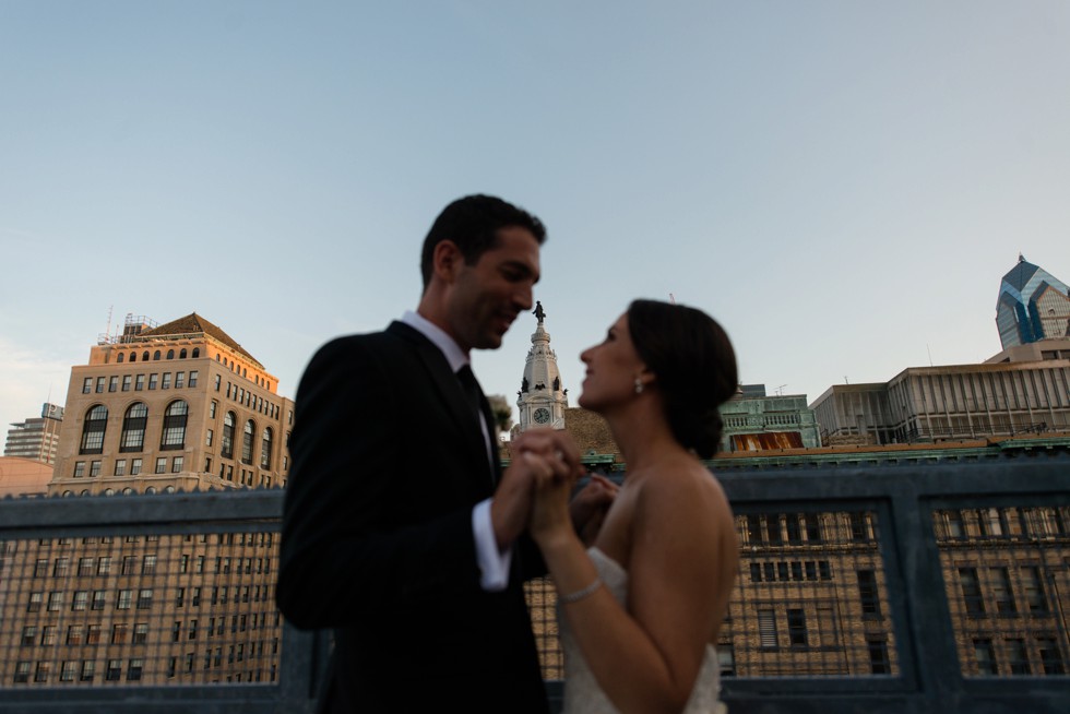 PAFA rooftop Philadelphia skyline bride and groom