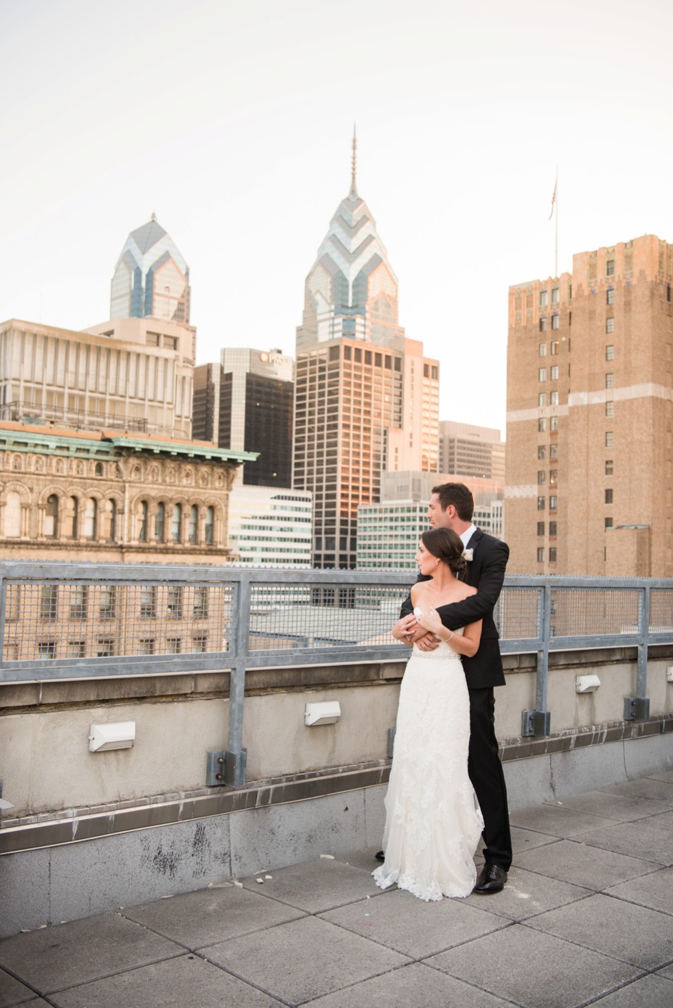 PAFA rooftop Philadelphia skyline bride and groom