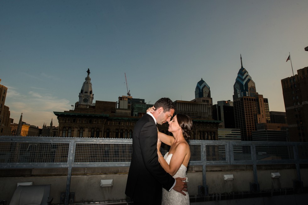 PAFA rooftop Philadelphia skyline bride and groom