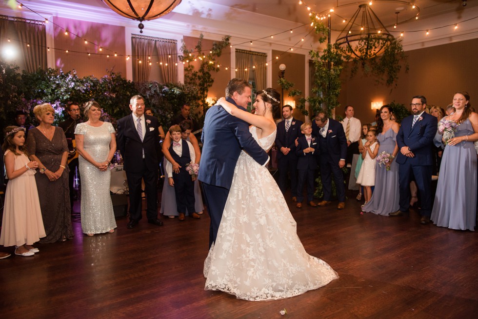 Bride and groom first dance in Gold Ballroom Tidewater Inn