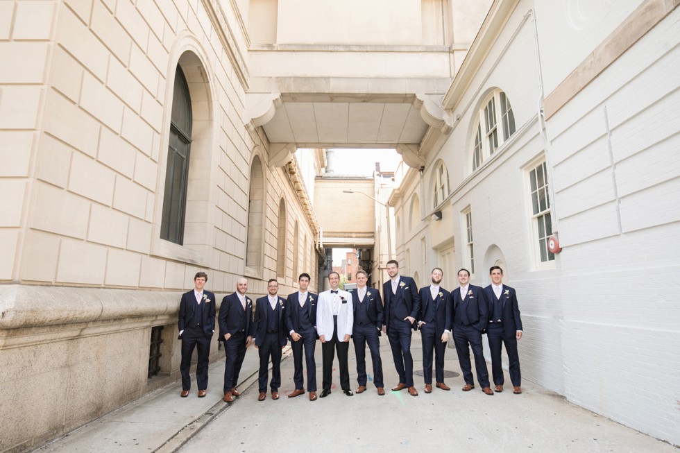 Groomsmen photos in Mount Vernon Peabody Library wedding