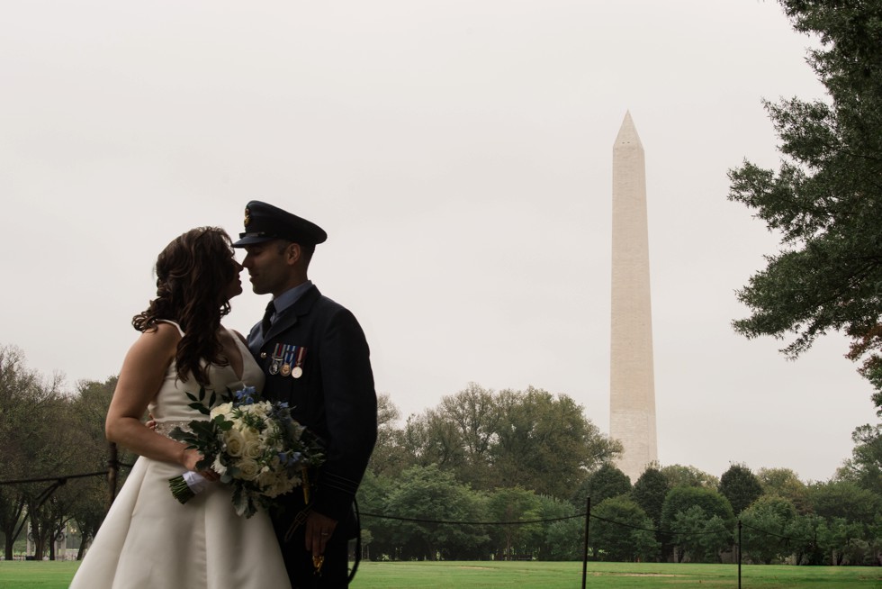 Washington monument DC wedding photo in the rain