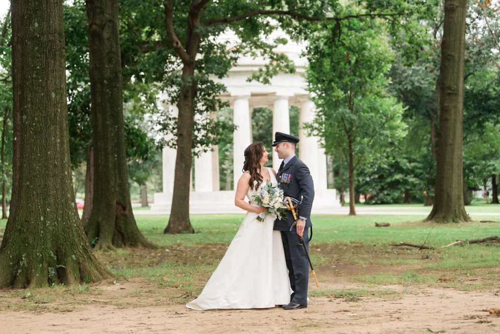 DC War Memorial wedding photo in the rain