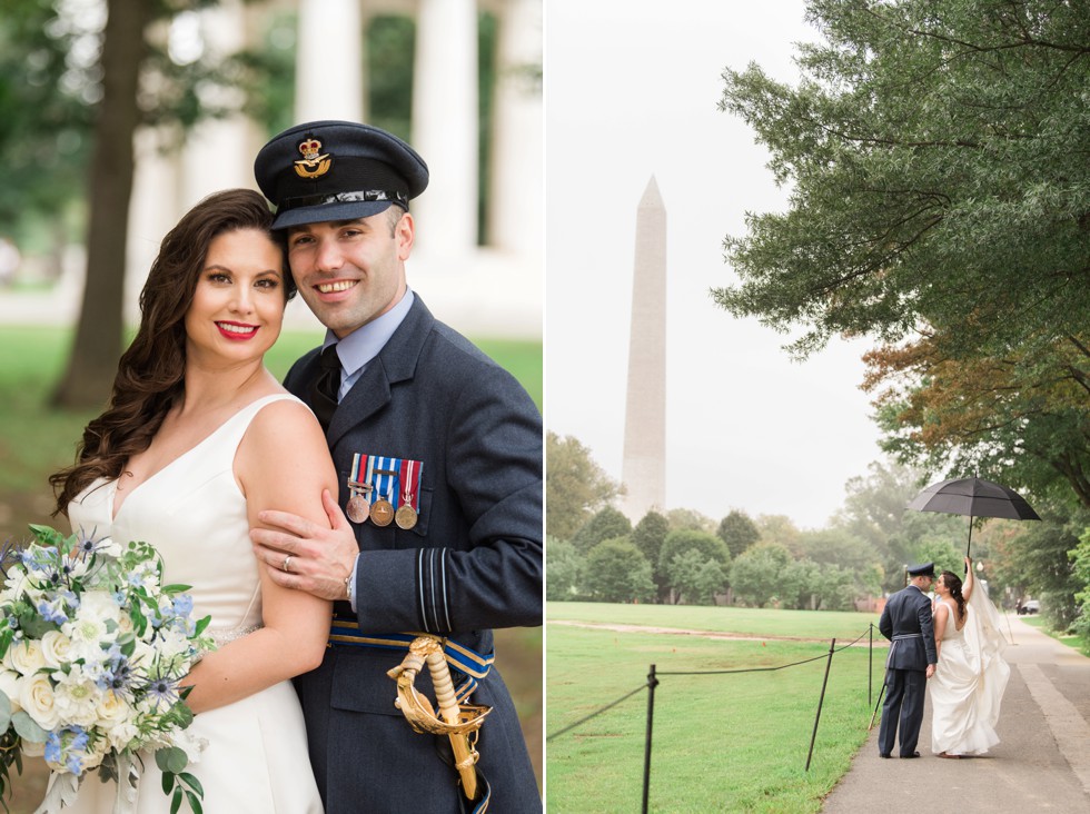 Washington monument DC wedding photo in the rain