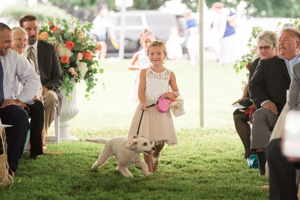 Friendly farm wedding ceremony under a tent