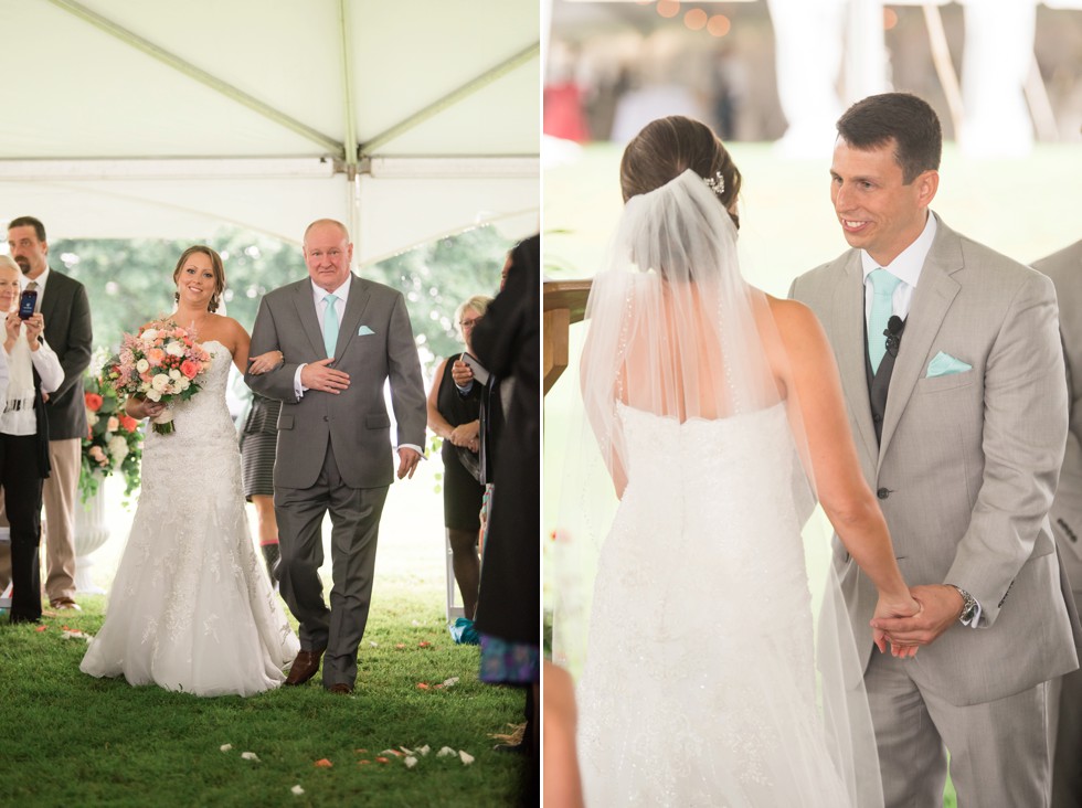 Friendly farm wedding ceremony under a tent