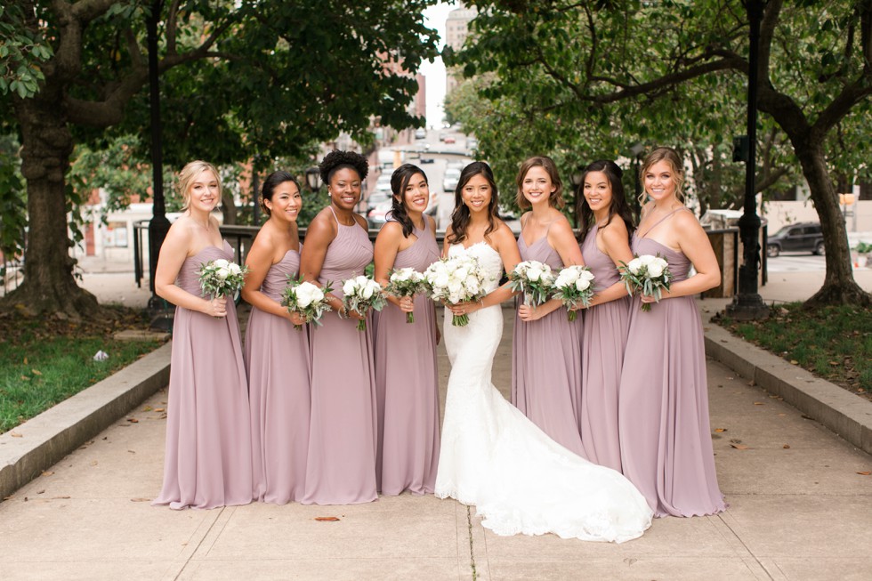 Peabody Library wedding bridesmaids in purple grey