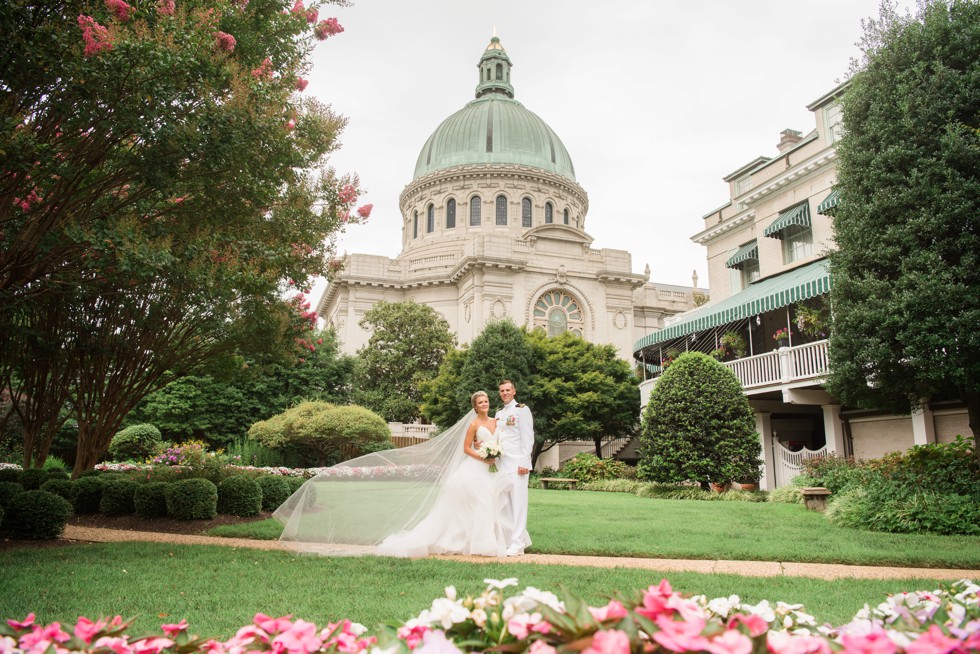 Superintendent's garden USNA bride and groom photos