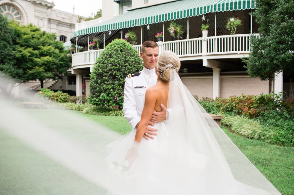 Superintendent's garden USNA bride and groom photos