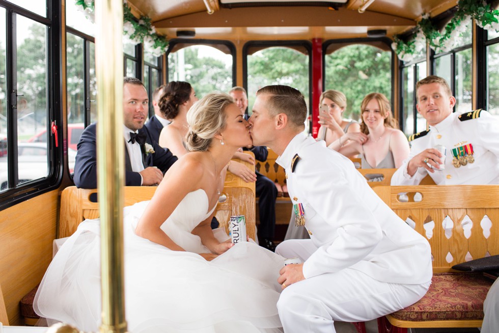 Annapolis trolley bride and groom kissing