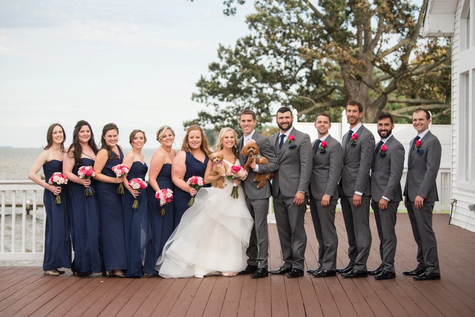 Maryland waterfront wedding party with puppies