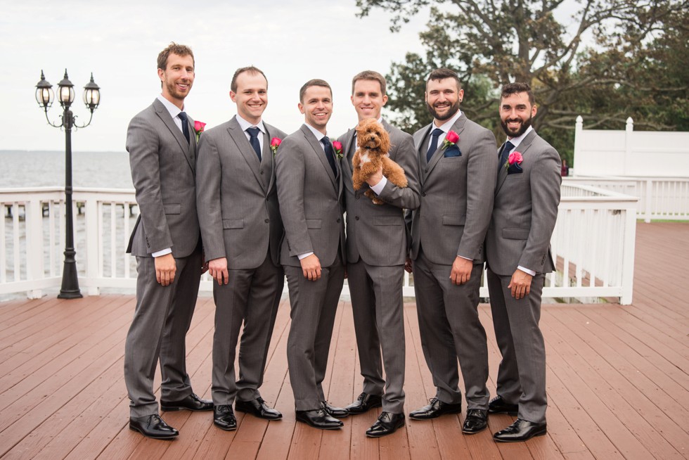 Maryland waterfront wedding party with puppies