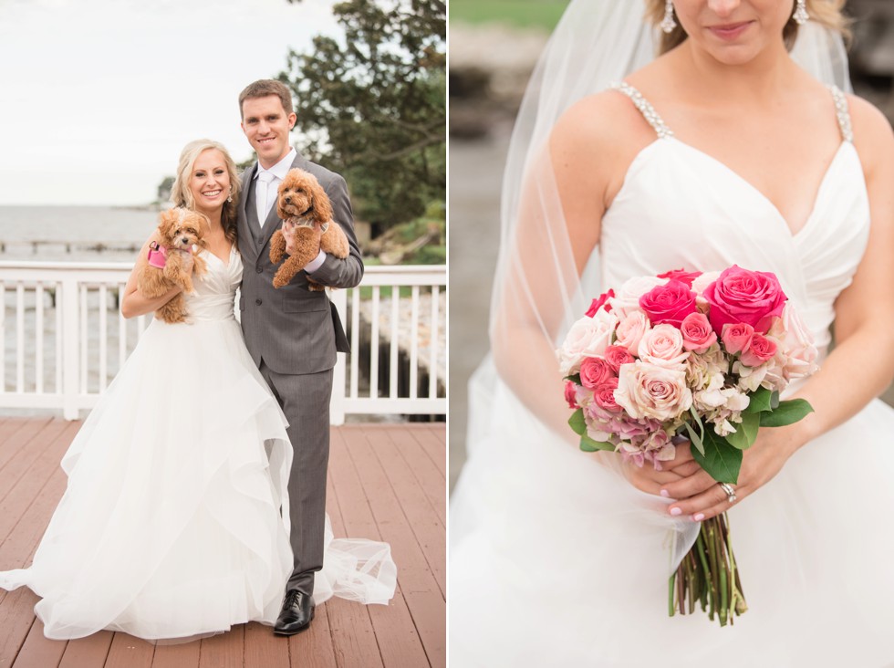 Maryland waterfront wedding couple with puppies