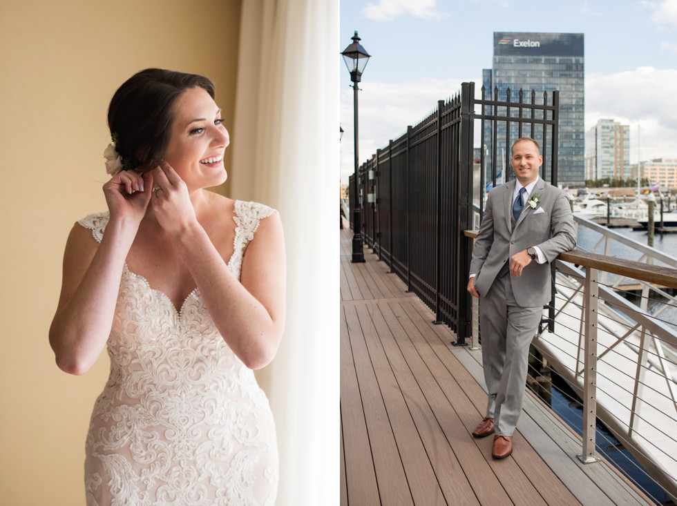 First look bride and groom in Baltimore harbor