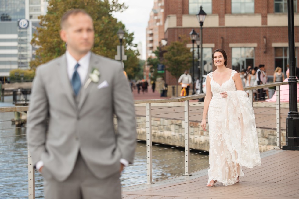 First look bride and groom in Baltimore harbor