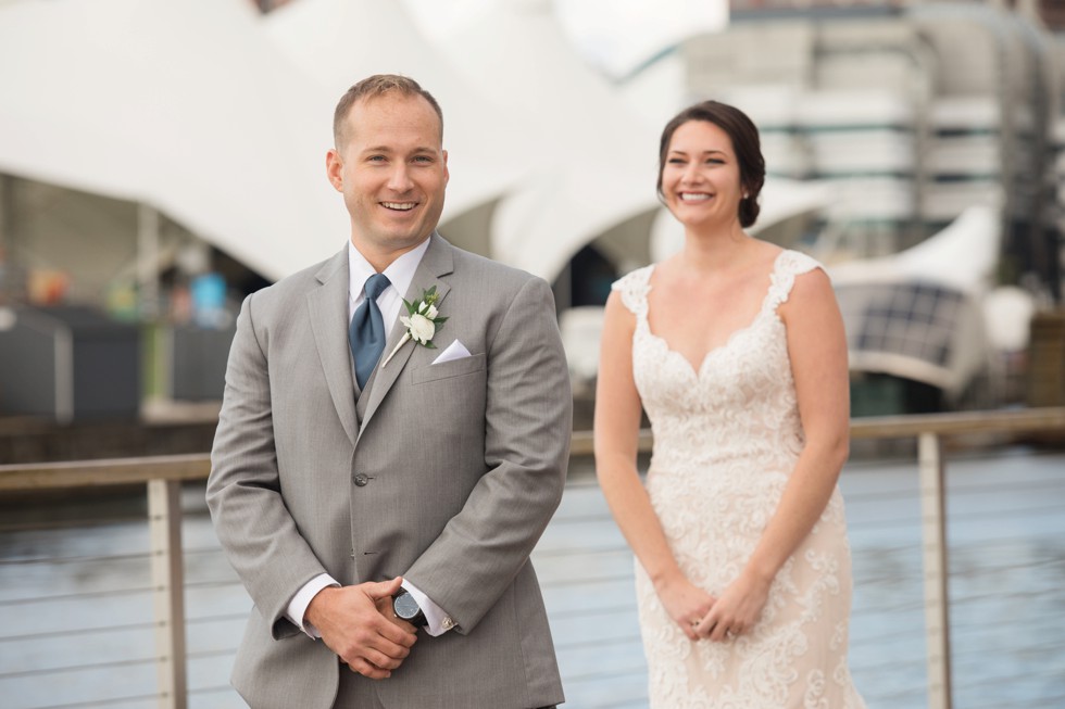 First look bride and groom in Baltimore harbor