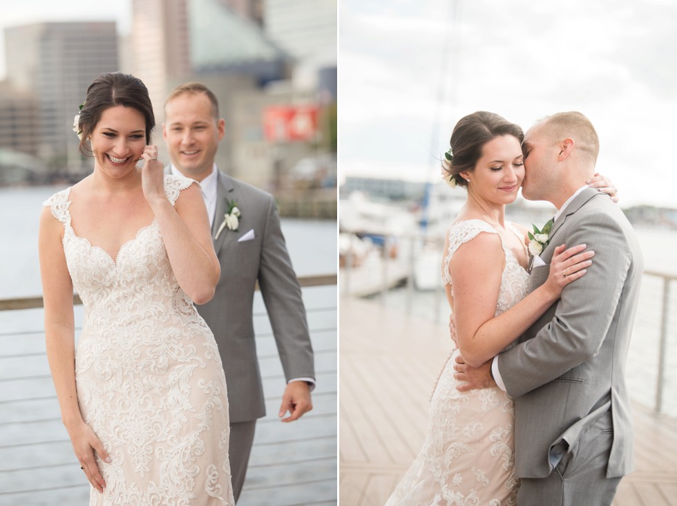 First look bride and groom in Baltimore harbor