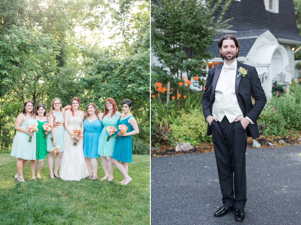 teal bridesmaid dresses - coral bouquets