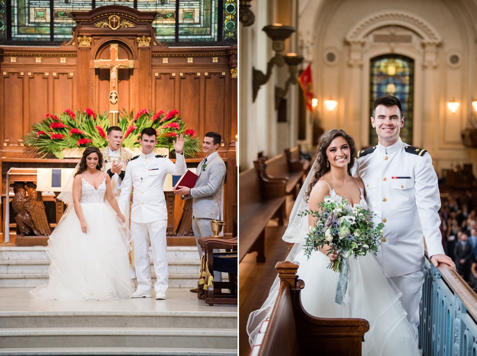 bride and groom overlooking USNA Chapel