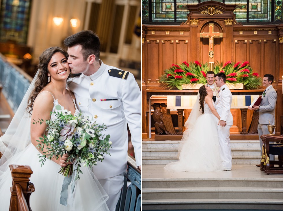 bride and groom overlooking USNA Chapel