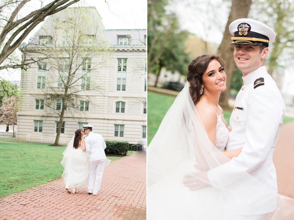 Bride and groom kissing on Buchanan walk way