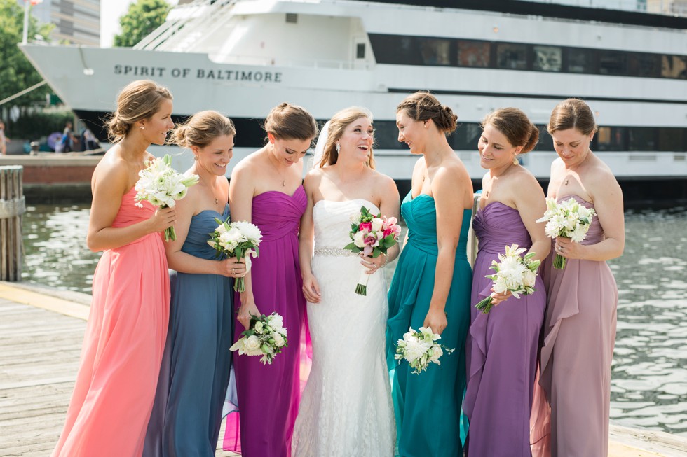 Bridesmaids multi-color dresses Baltimore harbor