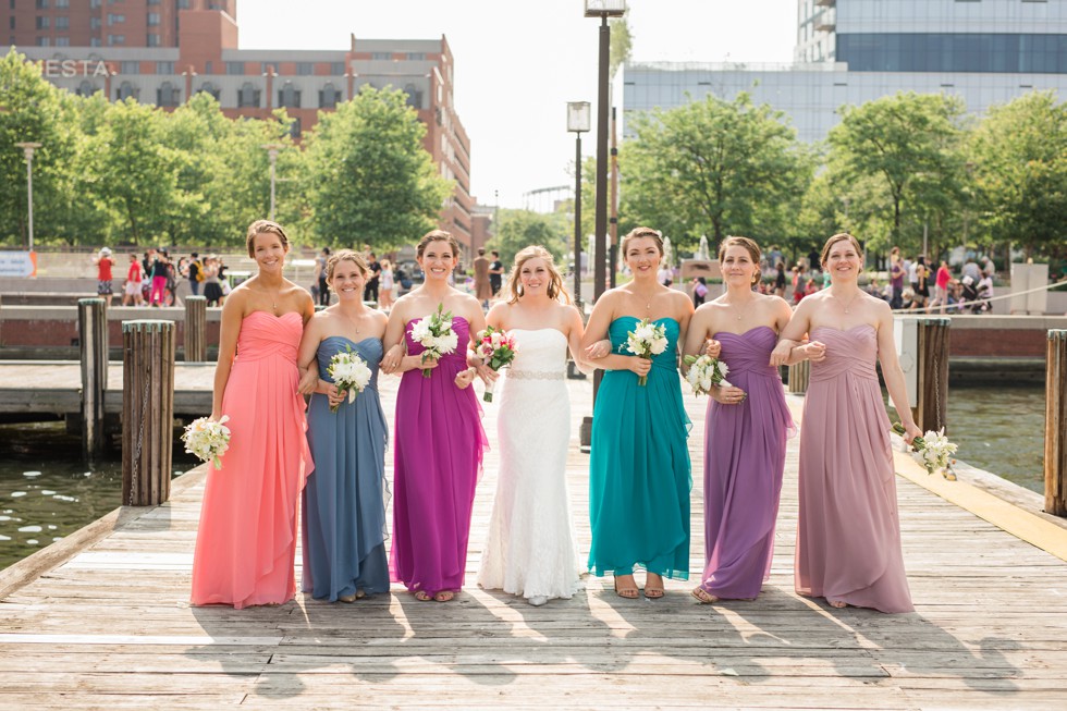 Bridesmaids multi-color dresses Baltimore harbor