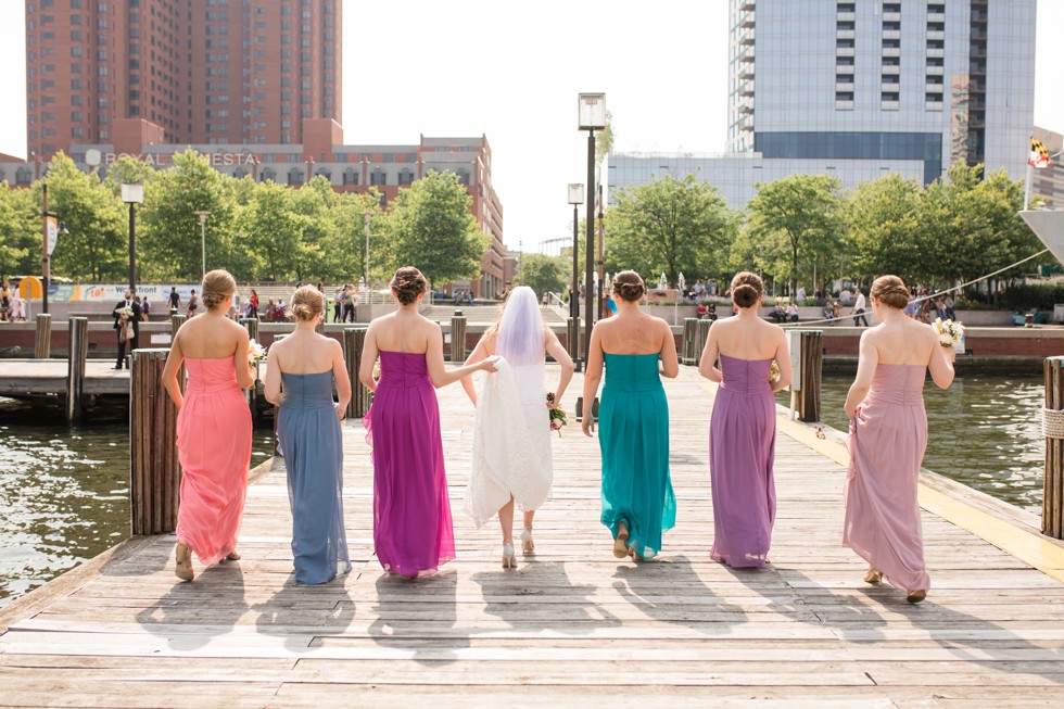 Bridesmaids multi-color dresses Baltimore harbor