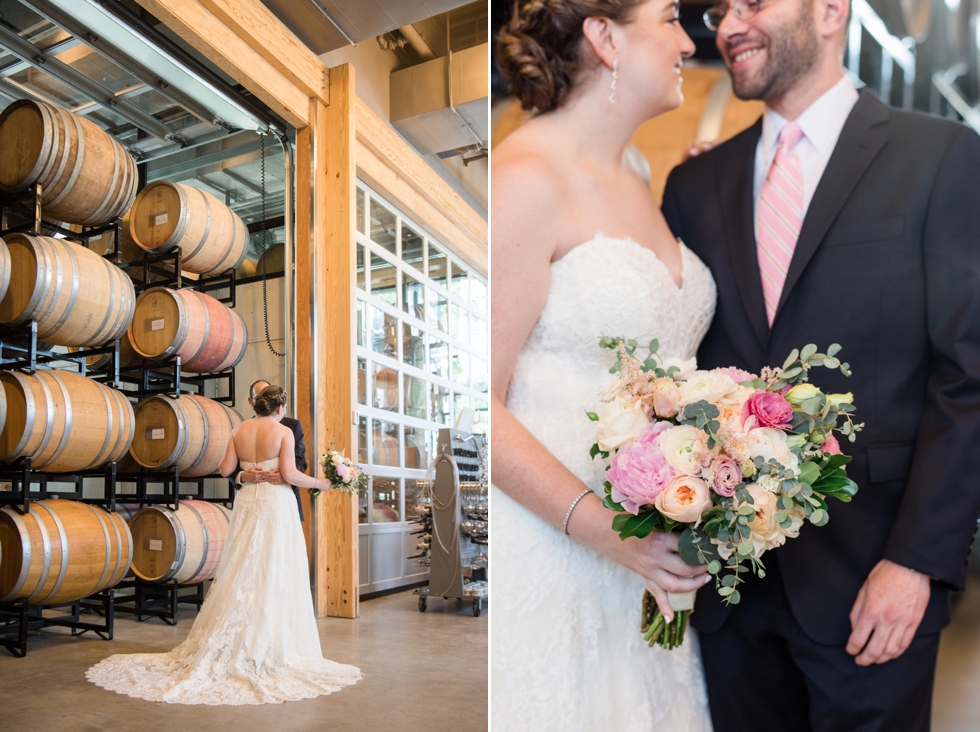 District Winery barrel room bride and groom