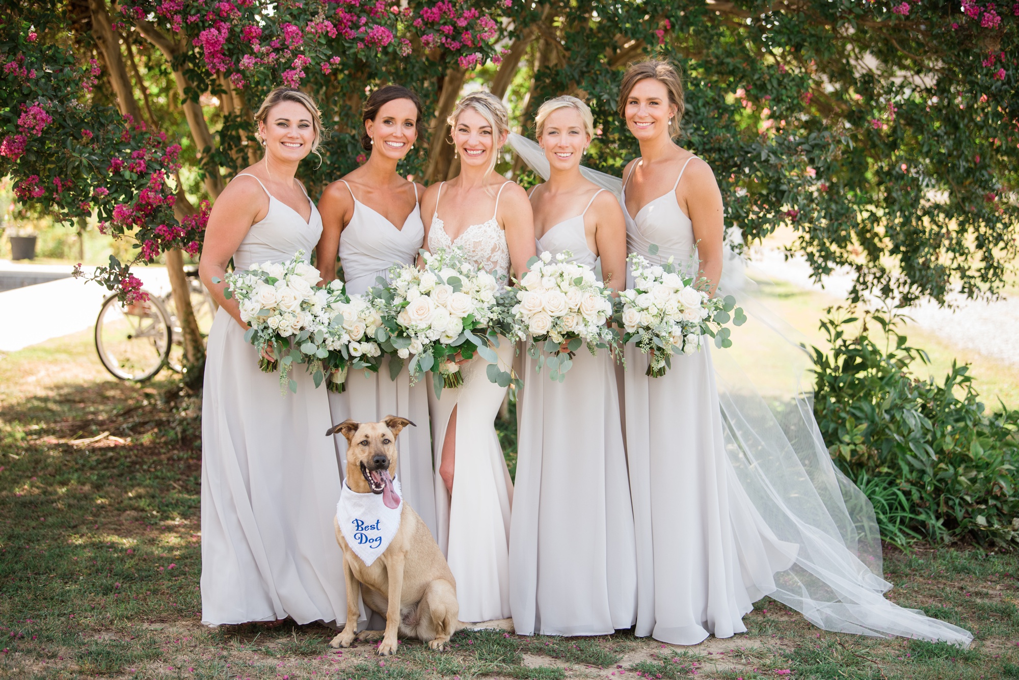 bride and grey bridesmaid dresses